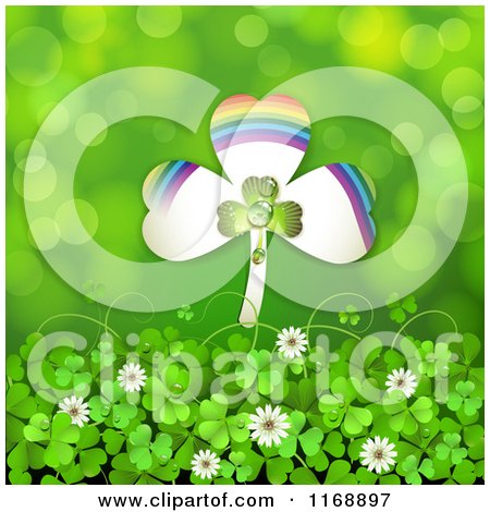 Clipart of a Rainbow St Patricks Day Shamrock over Clovers and Flowers on Green - Royalty Free Vector Illustration by merlinul