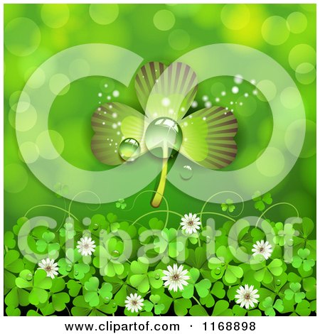 Clipart of a St Patricks Day Shamrock over Clovers and Flowers on Green - Royalty Free Vector Illustration by merlinul