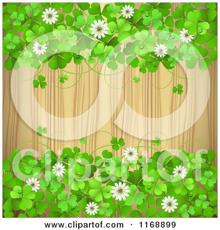Clipart of a Green St Patricks Day Background with Shamrock Clovers and Flowers over Wood 2 - Royalty Free Vector Illustration by merlinul