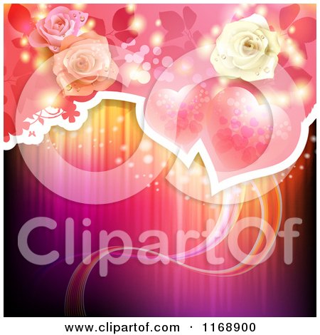 Clipart of a Valentine or Wedding Background of Roses and Hearts over Lights - Royalty Free Vector Illustration by merlinul