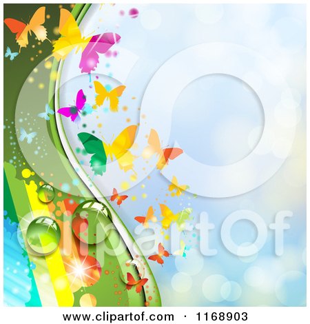 Clipart of a Spring Time Rainbow Dew Butterfly Background over Blue 3 - Royalty Free Vector Illustration by merlinul