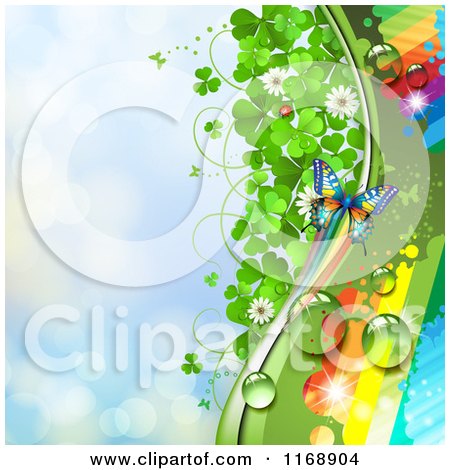 Clipart of a Spring Time Rainbow Dew Clover and Butterfly Background over Blue - Royalty Free Vector Illustration by merlinul