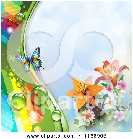 Clipart of a Spring Time Rainbow Dew Flower and Butterfly Background over Blue - Royalty Free Vector Illustration by merlinul