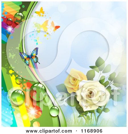 Clipart of a Spring Time Rainbow Dew Rose and Butterfly Background over Blue - Royalty Free Vector Illustration by merlinul