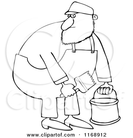 Cartoon of an Outlined Painter Man Holding a Bucket and Brush - Royalty Free Vector Clipart by djart