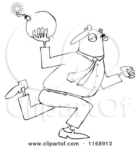 Cartoon of an Outlined Businessman Running and Ready to Throw a Bomb - Royalty Free Vector Clipart by djart