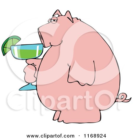 Cartoon of a Pink Pig Holding a Margarita - Royalty Free Vector Clipart by djart