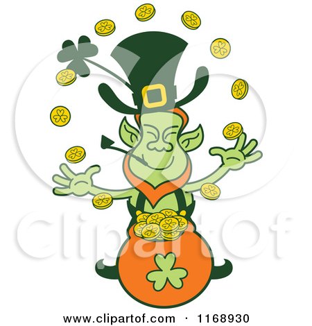 Cartoon of a St Patricks Day Leprechaun Juggling Coins over a Pot - Royalty Free Vector Clipart by Zooco