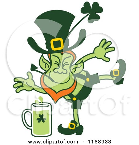 Cartoon of a St Patricks Day Leprechaun Kicking Beer - Royalty Free Vector Clipart by Zooco