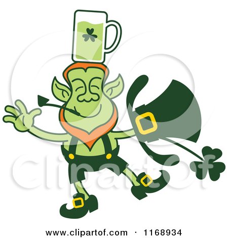 Cartoon of a St Patricks Day Leprechaun Balancing Beer on His Head - Royalty Free Vector Clipart by Zooco