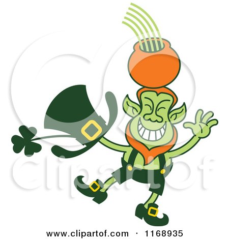 Cartoon of a St Patricks Day Leprechaun Balancing a Pot on His Head - Royalty Free Vector Clipart by Zooco