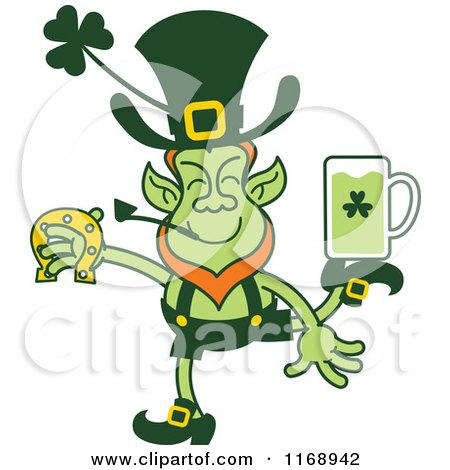 Cartoon of a St Patricks Day Leprechaun Juggling a Horseshoe and Beer - Royalty Free Vector Clipart by Zooco