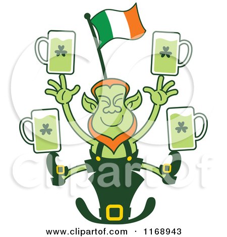 Cartoon of a St Patricks Day Leprechaun Juggling Beers on a Hat - Royalty Free Vector Clipart by Zooco