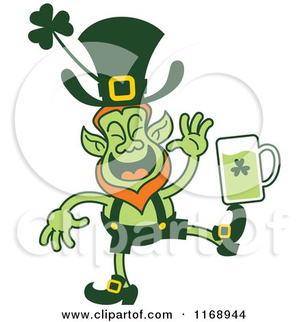 Cartoon of a St Patricks Day Leprechaun Balancing Beer on His Foot - Royalty Free Vector Clipart by Zooco