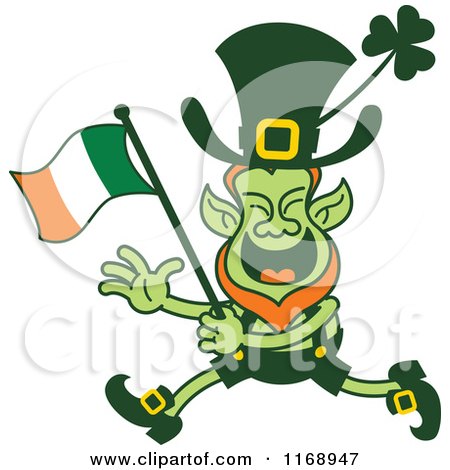 Cartoon of a St Patricks Day Leprechaun Running and Waving an Irish Flag - Royalty Free Vector Clipart by Zooco