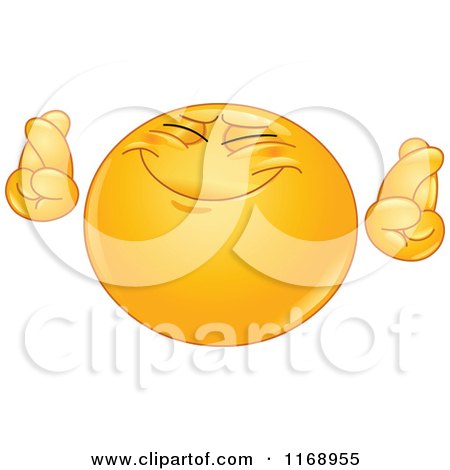 Cartoon of a Hopeful Smiley Emoticon Crossing Its Fingers - Royalty Free Vector Clipart by yayayoyo