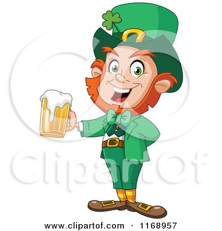 Cartoon of a Happy St Patricks Day Leprechaun Holding Beer - Royalty Free Vector Clipart by yayayoyo