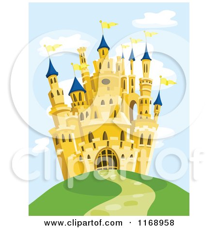 Cartoon of a Yellow Castle on a Hill - Royalty Free Vector Clipart by yayayoyo