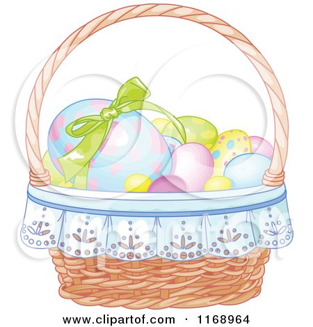 Cartoon of an Easter Basket with Colorful Eggs - Royalty Free Vector Clipart by Pushkin
