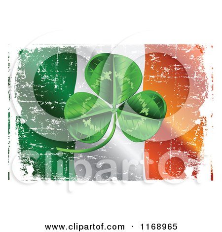Clipart of a Green St Patricks Day Clover over a Grungy Irish Flag - Royalty Free Vector Illustration by Pushkin