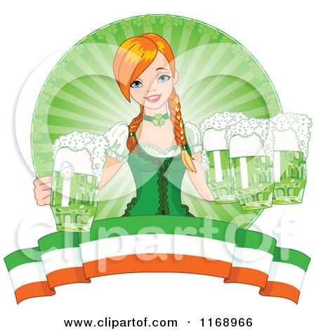Cartoon of a Beautiful Irish Beer Maiden Serving Green St Patricks Day Beer over a Banner - Royalty Free Vector Clipart by Pushkin
