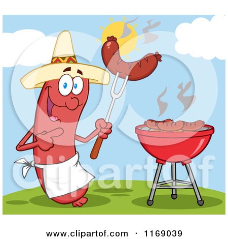 Cartoon of a Mexican Sausage Chef Mascot Pointing to a Weenie on a Fork on a Hill - Royalty Free Vector Clipart by Hit Toon