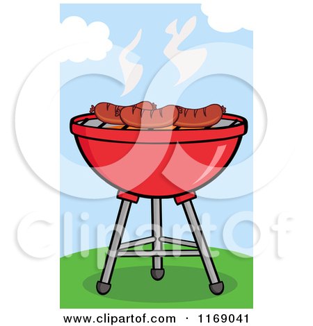 Cartoon of Sausages Roasting on a Charcoal Bbq Grill on a Hill - Royalty Free Vector Clipart by Hit Toon