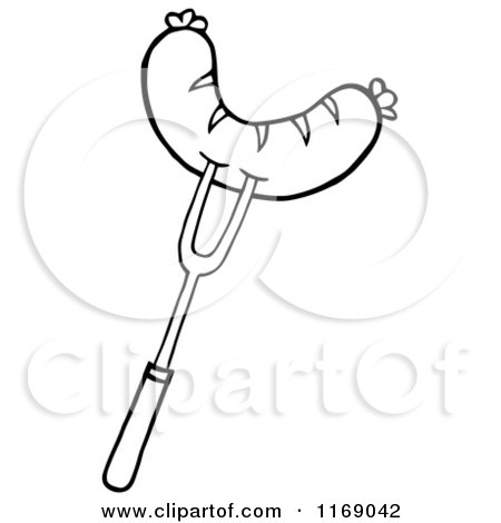 Cartoon of a Black and White Bbq Fork with a Sausage - Royalty Free Vector Clipart by Hit Toon