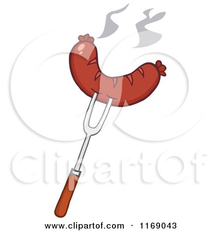 Cartoon of a Bbq Fork with a Hot Sausage - Royalty Free Vector Clipart by Hit Toon