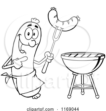 Cartoon of a Black and White Sausage Cook Mascot Pointing to a Weenie on a Fork - Royalty Free Vector Clipart by Hit Toon