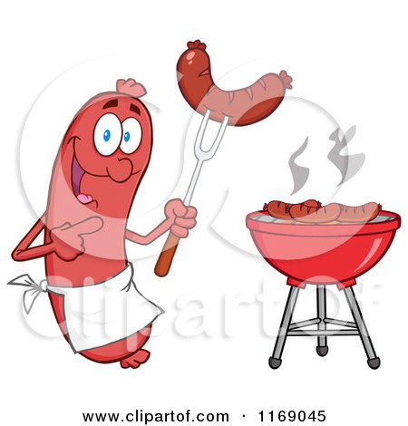 Cartoon of a Sausage Cook Mascot Pointing to a Weenie on a Fork - Royalty Free Vector Clipart by Hit Toon
