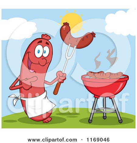 Cartoon of a Sausage Cook Mascot Pointing to a Weenie on a Fork on a Hill - Royalty Free Vector Clipart by Hit Toon