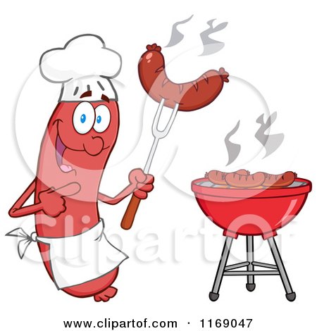 Cartoon of a Sausage Chef Mascot Pointing to a Weenie on a Fork - Royalty Free Vector Clipart by Hit Toon