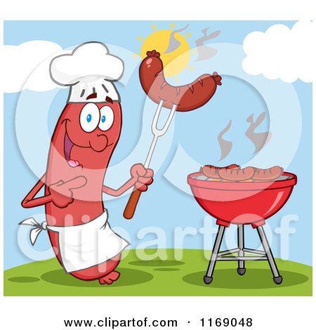 Cartoon of a Sausage Chef Mascot Pointing to a Weenie on a Fork on a Hill - Royalty Free Vector Clipart by Hit Toon