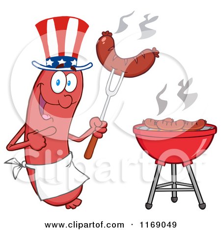 Cartoon of an American Sausage Chef Mascot Pointing to a Weenie on a Fork - Royalty Free Vector Clipart by Hit Toon