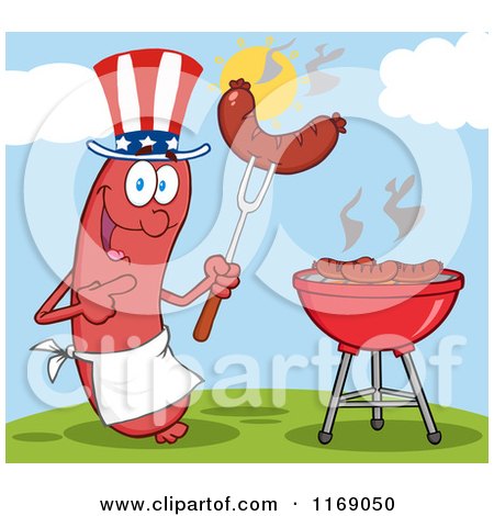 Cartoon of an American Sausage Chef Mascot Pointing to a Weenie on a Fork on a Hill - Royalty Free Vector Clipart by Hit Toon