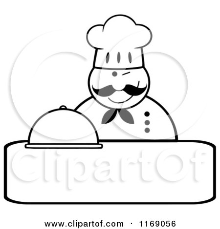 Cartoon of a Happy Black and White Chef Holding a Cloche Platter and a Winking over Copyspace - Royalty Free Vector Clipart by Hit Toon