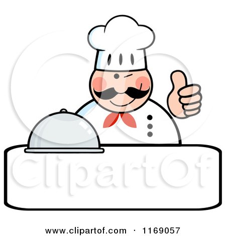 Cartoon of a Happy Chef Holding a Cloche Platter and a Thumb up over Copyspace - Royalty Free Vector Clipart by Hit Toon
