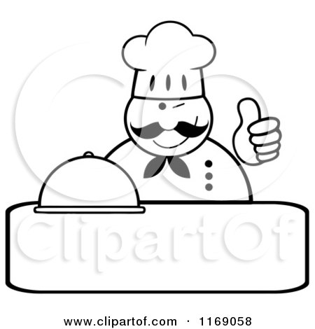 Cartoon of a Happy Black and White Chef Holding a Cloche Platter and a Thumb up over Copyspace - Royalty Free Vector Clipart by Hit Toon
