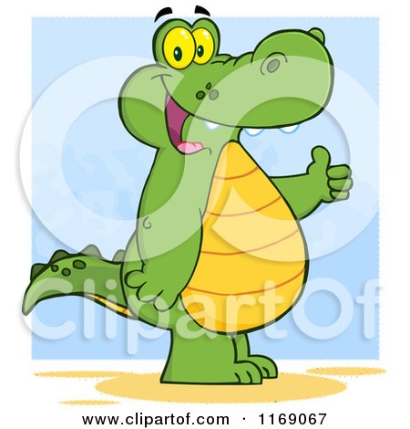 Cartoon of a Happy Alligator Holding a Thumb up over Blue - Royalty Free Vector Clipart by Hit Toon