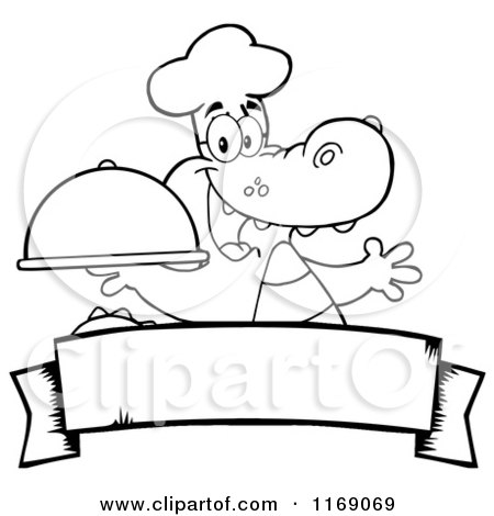 Cartoon of a Black and White Chef Alligator Holding a Platter Cloche over a Banner - Royalty Free Vector Clipart by Hit Toon