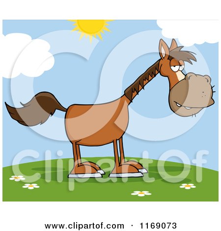 Cartoon of an Old Brown Horse on a Hill - Royalty Free Vector Clipart by Hit Toon