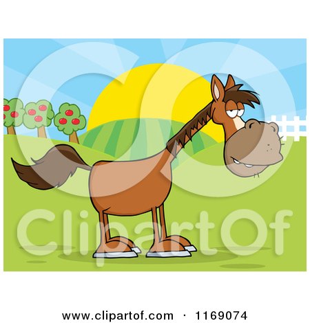 Cartoon of an Old Brown Horse on a Farm - Royalty Free Vector Clipart by Hit Toon