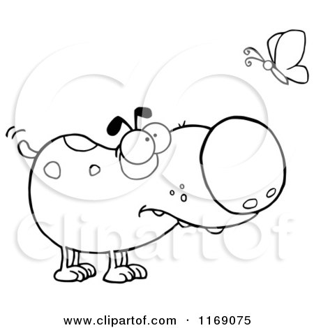 Cartoon of a Spotted Black and White Dog Watching a Butterfly - Royalty Free Vector Clipart by Hit Toon