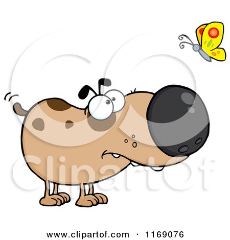 Cartoon of a Spotted Brown Dog Watching a Butterfly - Royalty Free Vector Clipart by Hit Toon