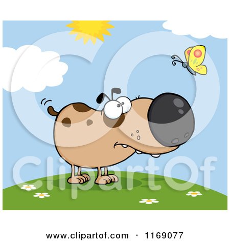 Cartoon of a Spotted Brown Dog Watching a Butterfly on a Hill - Royalty Free Vector Clipart by Hit Toon