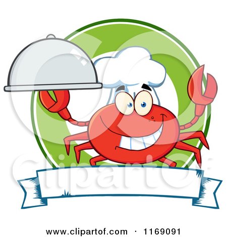 Cartoon of a Happy Chef Crab Holding a Platter Cloche over a Circle and Banner - Royalty Free Vector Clipart by Hit Toon