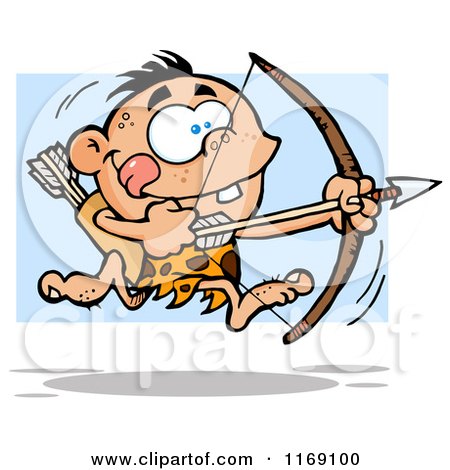Cartoon of an Archer Caveman Bpu Running with a Bow and Arrow over Blue - Royalty Free Vector Clipart by Hit Toon