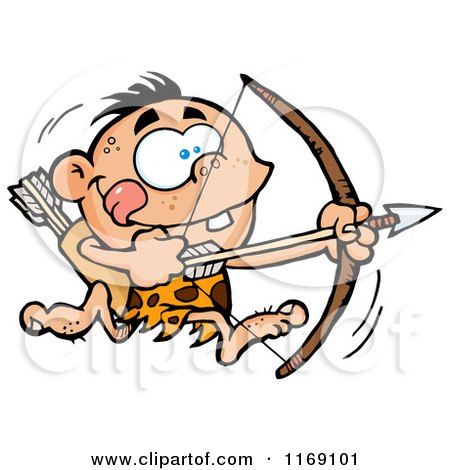Cartoon of an Archer Caveman Bpu Running with a Bow and Arrow - Royalty Free Vector Clipart by Hit Toon