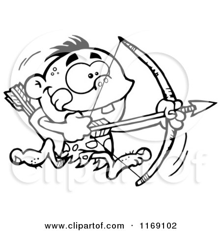 Cartoon of a Black and White Archer Caveman Bpu Running with a Bow and Arrow - Royalty Free Vector Clipart by Hit Toon